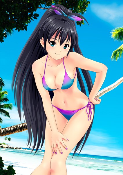 Anime picture 706x1000 with idolmaster ganaha hibiki ponnetsu single long hair tall image blush breasts blue eyes light erotic black hair beach girl bow swimsuit hair bow bikini