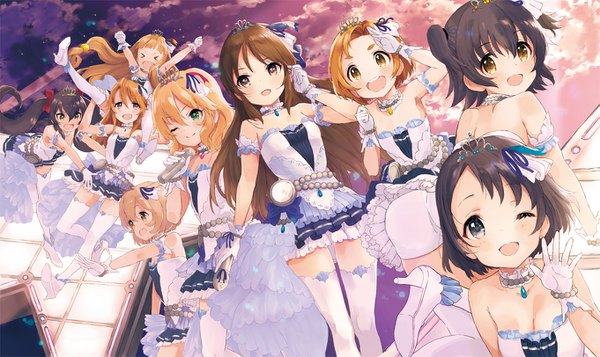 Anime picture 1361x812 with idolmaster idolmaster cinderella girls idolmaster cinderella girls starlight stage sakurai momoka tachibana arisu sasaki chie akagi miria ichihara nina matoba risa yuuki haru ryuuzaki kaoru koga koharu tetsujin momoko long hair fringe short hair open mouth black hair blonde hair hair between eyes