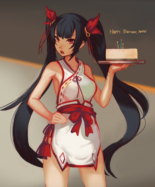 Anime picture 1060x1282 with saimon ma single long hair tall image looking at viewer blush open mouth black hair red eyes twintails bare shoulders armpit (armpits) hand on hip happy birthday girl hair ornament food sweets apron cake