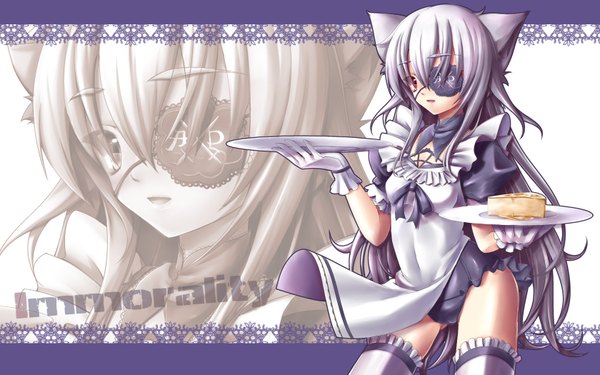 Anime picture 1680x1050 with light erotic blonde hair wide image very long hair maid cat girl zoom layer waitress girl eyepatch