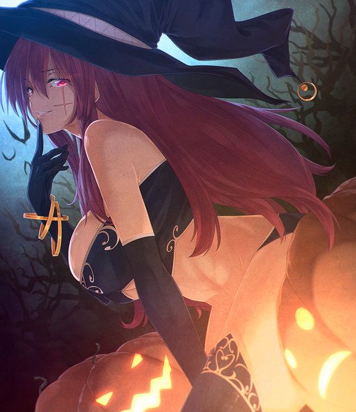 Anime picture 885x1023 with original ibuki notsu single long hair tall image looking at viewer breasts light erotic large breasts red hair pink eyes night bare belly finger to mouth scar halloween witch bare tree girl gloves