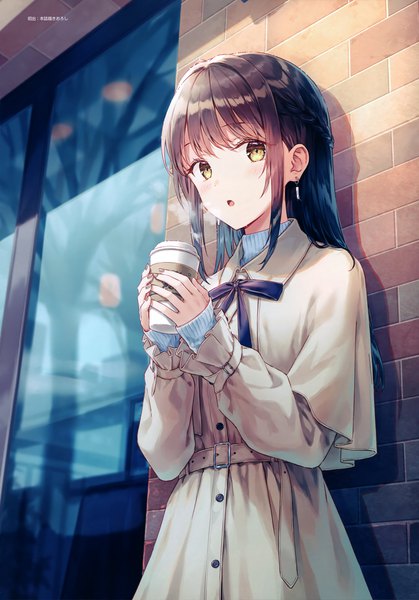 Anime picture 2866x4100 with original hiten (hitenkei) single long hair tall image looking at viewer blush fringe highres open mouth brown hair standing holding yellow eyes payot outdoors blunt bangs braid (braids) long sleeves nail polish