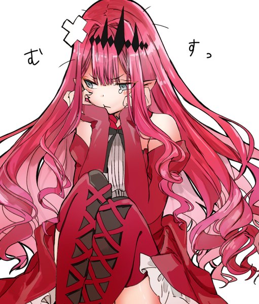 Anime picture 1292x1518 with fate (series) fate/grand order baobhan sith (fate) ameshiki single long hair tall image fringe simple background hair between eyes white background sitting looking away pink hair aqua eyes pointy ears head rest bandaid on head girl dress
