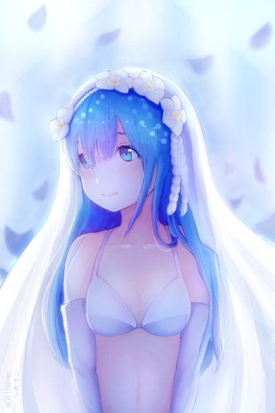 Anime picture 800x1200 with re:zero kara hajimeru isekai seikatsu white fox rem (re:zero) bakemono (artist) single long hair tall image fringe blue eyes light erotic hair between eyes blue hair looking away upper body hair flower light smile alternate hairstyle backlighting alternate hair length girl