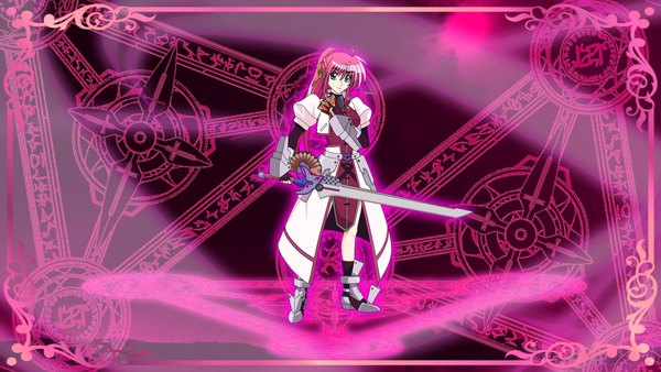 Anime picture 1280x720 with mahou shoujo lyrical nanoha signum nanohamagica single long hair looking at viewer fringe blue eyes smile hair between eyes wide image standing holding pink hair full body puffy sleeves framed girl weapon sword