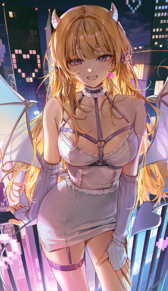 Anime picture 2000x3465 with original kellymonica02 single long hair tall image looking at viewer blush fringe highres breasts light erotic blonde hair smile purple eyes bare shoulders tail blunt bangs long sleeves horn (horns) night