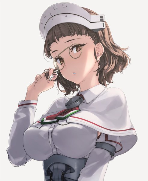 Anime picture 822x1000 with kantai collection roma (kantai collection) rokuwata tomoe single tall image looking at viewer short hair simple background brown hair white background brown eyes upper body holding hair girl glasses headdress