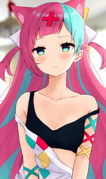 Anime picture 864x1460 with virtual youtuber the moon studio pinky pop hepburn haru (re ilust) single long hair tall image looking at viewer blush fringe breasts light erotic standing bare shoulders animal ears payot pink hair upper body multicolored hair aqua eyes