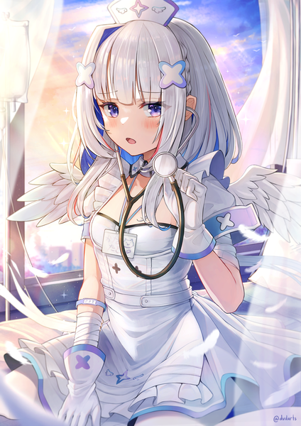 Anime picture 2480x3508 with virtual youtuber hololive amane kanata amane kanata (4th costume) dvdarts single long hair tall image looking at viewer blush fringe highres purple eyes silver hair blunt bangs official alternate costume white wings nurse girl gloves