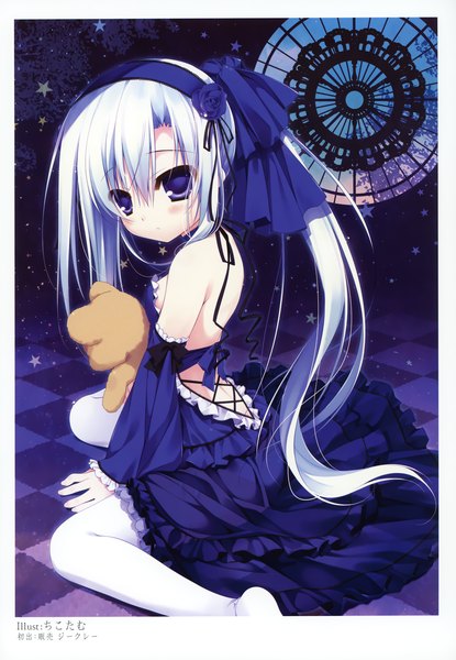 Anime picture 2406x3475 with original chikotam single long hair tall image looking at viewer blush highres blue eyes white hair ponytail scan loli girl dress detached sleeves toy stuffed animal