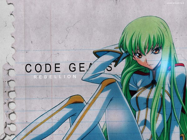 Anime picture 1600x1200 with code geass sunrise (studio) c.c. single long hair looking at viewer fringe sitting green hair inscription orange eyes wallpaper copyright name arm behind head girl