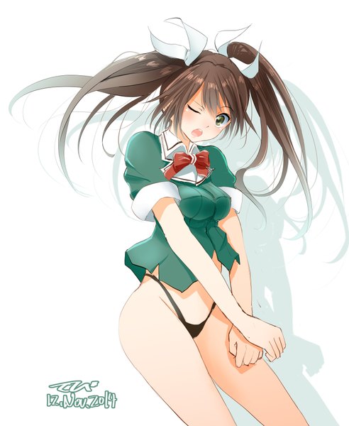 Anime picture 1641x2000 with kantai collection tone heavy cruiser tebi (tbd11) single long hair tall image looking at viewer blush open mouth light erotic simple background brown hair white background twintails green eyes signed one eye closed wink short sleeves embarrassed