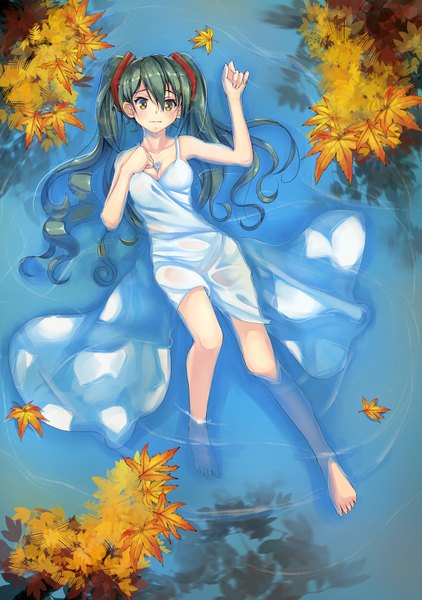 Anime picture 1126x1600 with vocaloid hatsune miku sardonyx single tall image looking at viewer blush twintails brown eyes very long hair green hair autumn afloat girl dress water leaf (leaves) sundress maple leaf