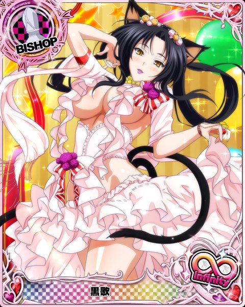 Anime picture 640x800 with highschool dxd kuroka (high school dxd) single long hair tall image looking at viewer blush breasts light erotic black hair large breasts animal ears yellow eyes tail animal tail cat ears cat girl cat tail card (medium) girl