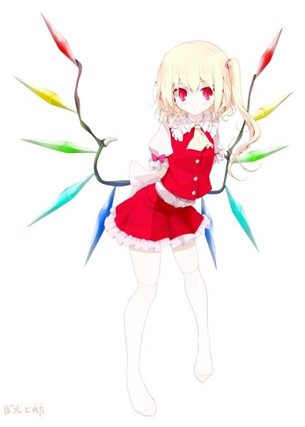 Anime picture 1961x2744 with touhou flandre scarlet oouso (usotsukiya) single tall image looking at viewer highres short hair blonde hair simple background red eyes white background zettai ryouiki one side up girl thighhighs skirt miniskirt white thighhighs wings