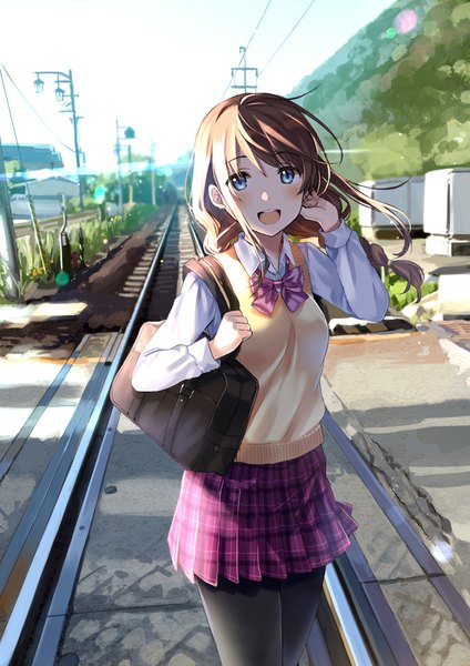 Anime picture 777x1100 with original tan (tangent) single long hair tall image looking at viewer blush fringe open mouth blue eyes brown hair standing outdoors braid (braids) :d twin braids happy girl skirt uniform