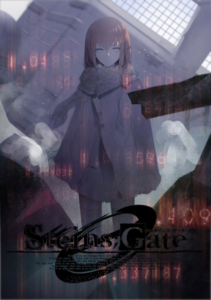 Anime picture 600x850 with steins;gate white fox makise kurisu akasen single long hair tall image looking at viewer fringe short hair hair between eyes brown hair standing grey eyes dutch angle copyright name expressionless girl thighhighs black thighhighs
