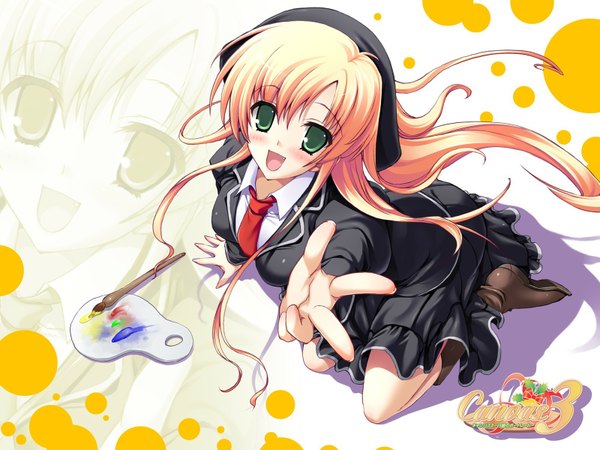 Anime picture 1600x1200 with canvas (anime) akebi yusa misakura nankotsu long hair blush blonde hair green eyes teeth fang (fangs)