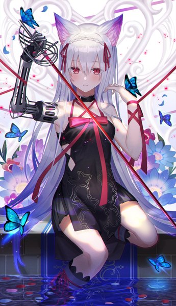 Anime picture 3451x6000 with original amahara subaru single long hair tall image looking at viewer blush fringe highres breasts light erotic hair between eyes red eyes sitting bare shoulders holding animal ears absurdres silver hair bent knee (knees)
