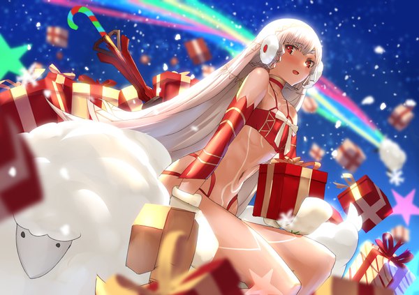 Anime picture 1700x1200 with fate (series) fate/grand order altera (fate) altera the santa (fate) tsuuhan single blush fringe short hair open mouth light erotic red eyes sitting bare shoulders holding cleavage silver hair bent knee (knees) :d blurry
