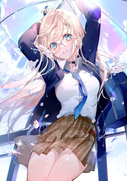 Anime-Bild 1157x1637 mit original miwano rag single long hair tall image looking at viewer blush fringe blue eyes blonde hair smile standing holding sky cloud (clouds) outdoors head tilt pleated skirt wind sunlight