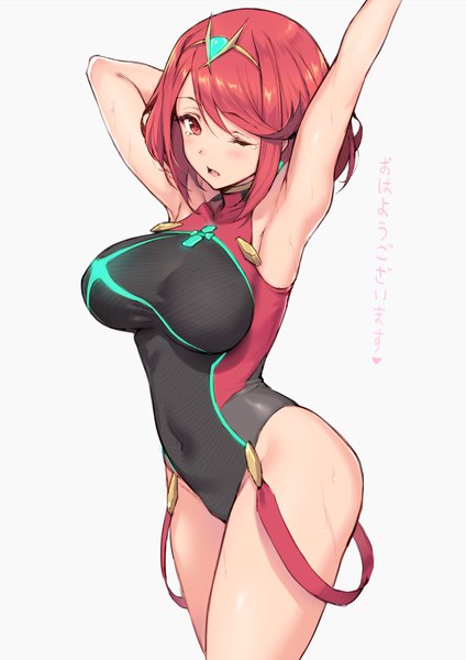 Anime picture 778x1100 with xenoblade xenoblade 2 pyra (xenoblade) pyra (pro swimmer) (xenoblade) haoni single tall image looking at viewer blush fringe short hair breasts light erotic simple background hair between eyes red eyes large breasts standing white background red hair
