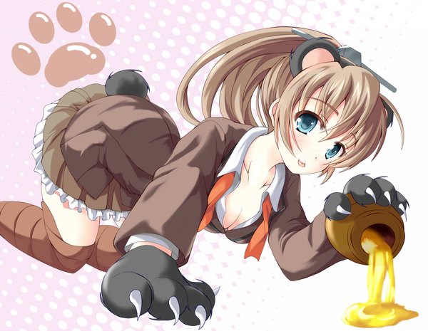 Anime picture 2000x1550 with kantai collection kumano heavy cruiser hiiragi tomoka single long hair looking at viewer highres blue eyes brown hair animal ears cleavage ponytail tail animal tail :p on all fours kemonomimi mode bear ears bear tail thighhighs