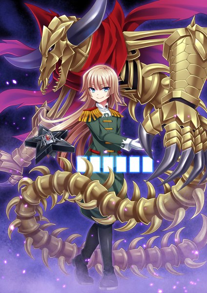 Anime picture 1273x1800 with future card buddyfight (card game) magoroku shido soraeda long hair tall image looking at viewer fringe blue eyes blonde hair smile standing purple eyes horn (horns) boy gloves shoes white gloves scarf clothes monster