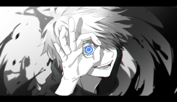 Anime picture 2052x1186 with jujutsu kaisen mappa gojou satoru kkaags single highres short hair open mouth blue eyes wide image :d shadow monochrome letterboxed face spot color ok sign boy
