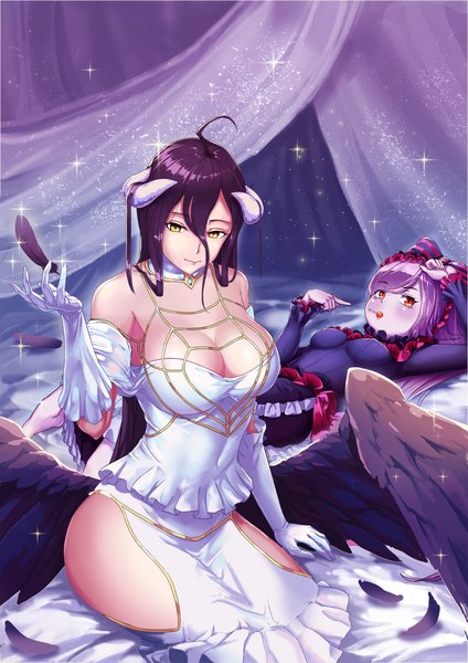 Anime picture 1670x2362 with overlord (maruyama) madhouse albedo (overlord) shalltear bloodfallen waki at long hair tall image looking at viewer blush fringe breasts light erotic black hair hair between eyes red eyes large breasts sitting bare shoulders multiple girls yellow eyes