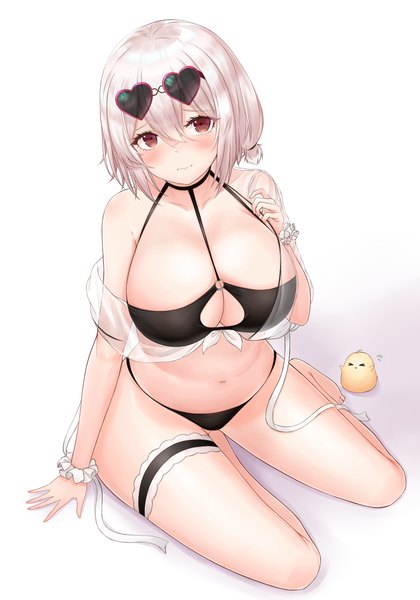 Anime picture 1050x1500 with azur lane manjuu (azur lane) sirius (azur lane) sirius (scorching-hot seirios) (azur lane) mentai mayo single tall image looking at viewer blush fringe short hair breasts light erotic simple background hair between eyes red eyes white background sitting cleavage full body