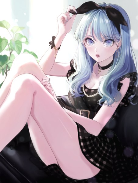 Anime picture 843x1116 with original magako single long hair tall image looking at viewer blush fringe breasts open mouth blue eyes light erotic hair between eyes sitting cleavage silver hair girl dress bow plant (plants)