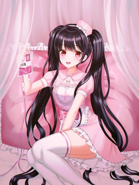 Anime picture 2500x3329 with original pora 0918 single tall image looking at viewer blush fringe highres open mouth black hair smile red eyes twintails holding payot bent knee (knees) blunt bangs very long hair :d arm up