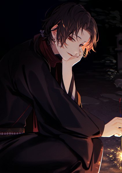 Anime picture 2000x2844 with touken ranbu nitroplus kashuu kiyomitsu yamada chickenko single long hair tall image highres red eyes brown hair looking away outdoors traditional clothes japanese clothes low ponytail squat chin rest boy earrings yukata