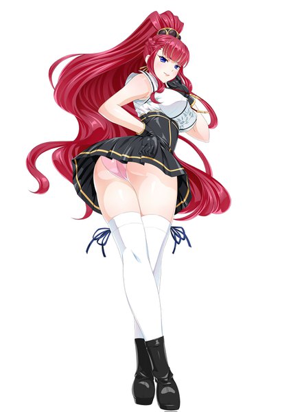 Anime picture 1000x1415 with valkyrie drive arms corporation anelise gerhardt cle masahiro single tall image blue eyes light erotic simple background white background looking away ponytail red hair very long hair pantyshot girl thighhighs dress gloves underwear