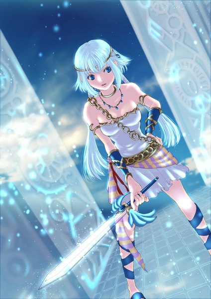 Anime picture 1132x1600 with original time-flies (artist) single tall image blue eyes twintails blue hair cleavage hand on hip girl dress weapon sword chain jewelry