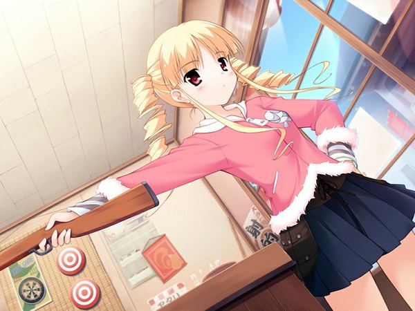 Anime picture 1024x768 with shirokuma bell stars tsukimori ririka blonde hair red eyes twintails game cg girl gun