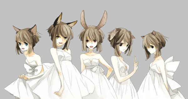 Anime picture 1400x738 with original kyra (pixiv) open mouth blue eyes simple background smile red eyes brown hair wide image multiple girls brown eyes animal ears yellow eyes grey background girl dress bow 5 girls wedding dress