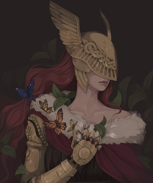 Anime picture 1720x2048 with elden ring malenia blade of miquella annabianca single long hair tall image highres simple background upper body red hair fur trim girl fur insect butterfly helmet prosthesis