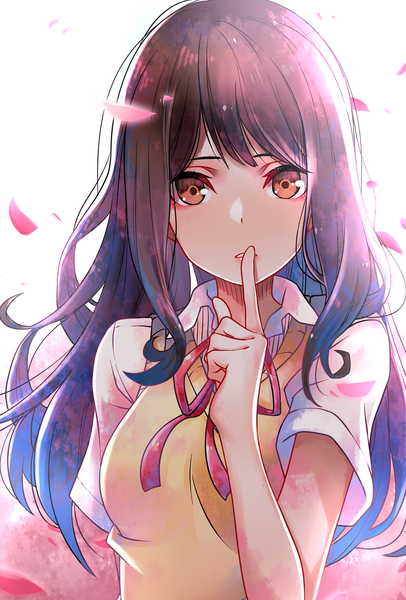 Anime picture 1000x1477 with original de da xianyu single long hair tall image looking at viewer fringe black hair brown eyes upper body finger to mouth girl uniform school uniform petals
