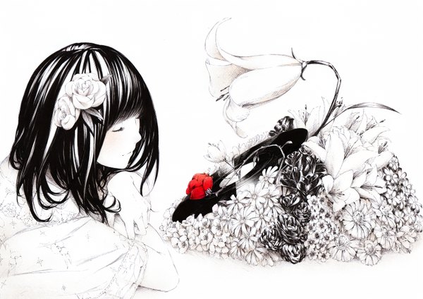 Anime picture 1500x1060 with original sousou (sousouworks) single short hair black hair eyes closed hair flower monochrome spot color girl dress hair ornament flower (flowers) disk gramophone record
