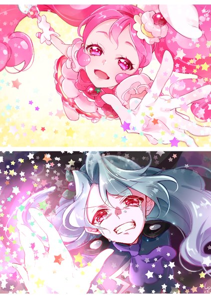 Anime picture 1165x1653 with precure kirakira precure a la mode toei animation usami ichika cure whip julio (precure) shipu (gassyumaron) long hair tall image looking at viewer open mouth red eyes twintails pink hair silver hair :d pink eyes tears multiview outstretched hand