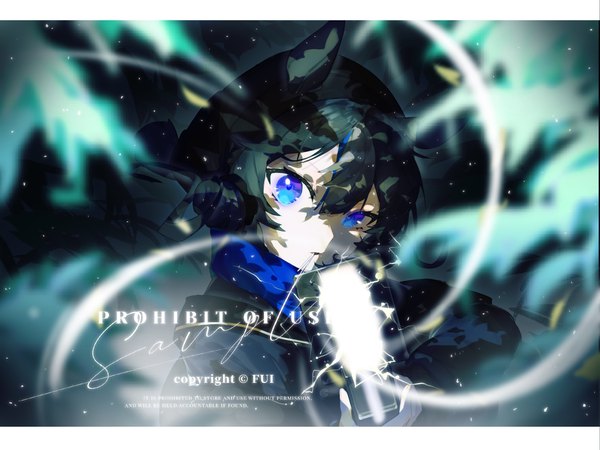 Anime picture 2732x2048 with arknights glaucus (arknights) fui (fui29493452) single looking at viewer fringe highres short hair blue eyes black hair hair between eyes animal ears upper body letterboxed shaded face electricity girl