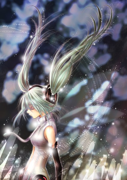 Anime picture 1753x2480 with vocaloid vocaloid append hatsune miku hatsune miku (append) yuzuki kiririi single long hair tall image fringe highres hair between eyes standing twintails payot upper body eyes closed wind aqua hair tattoo binary