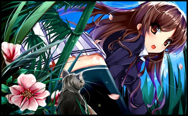 Anime picture 1520x938 with original iron (huyiyang) single long hair blush open mouth brown hair wide image brown eyes girl thighhighs skirt uniform flower (flowers) black thighhighs plant (plants) school uniform animal petals cat