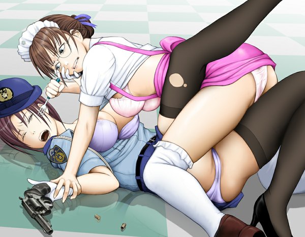 Anime picture 1000x778 with original touge takanori short hair breasts open mouth blue eyes light erotic brown hair large breasts multiple girls ass lying eyes closed open clothes teeth shadow high heels open shirt reflection checkered floor