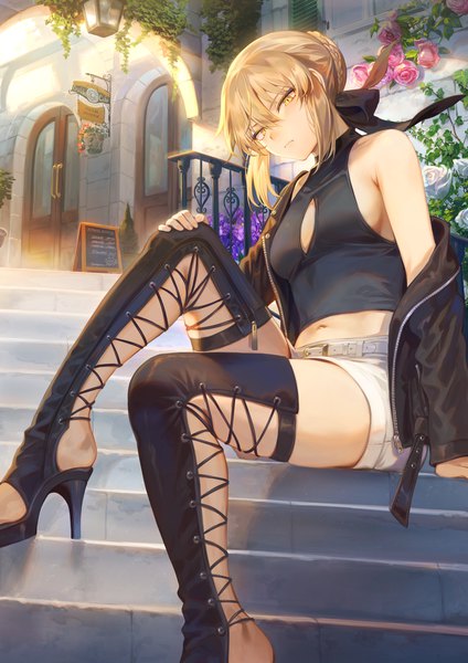 Anime picture 1592x2251 with fate (series) fate/grand order artoria pendragon (all) saber alter mashuu (neko no oyashiro) single tall image looking at viewer blush fringe short hair breasts light erotic blonde hair hair between eyes sitting bare shoulders yellow eyes payot bent knee (knees)