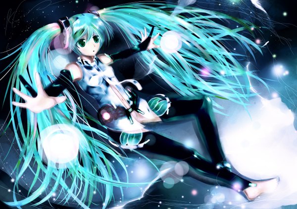 Anime picture 2480x1748 with vocaloid vocaloid append hatsune miku hatsune miku (append) shino (eefy) single highres light erotic twintails green eyes very long hair aqua hair spread arms girl detached sleeves