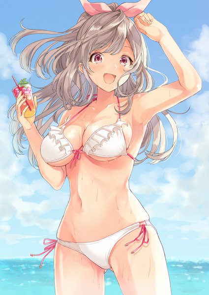 Anime-Bild 627x885 mit idolmaster idolmaster shiny colors tsukioka kogane yuko (haruruyuco) single long hair tall image blush fringe breasts open mouth light erotic smile hair between eyes large breasts standing holding looking away sky cleavage