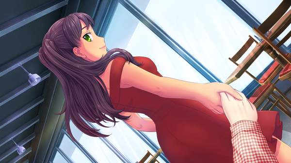 Anime picture 1920x1080 with moe era marta (moe era) orika nekoi denis shumoi long hair looking at viewer blush highres smile brown hair wide image standing green eyes indoors profile looking back dutch angle holding hands solo focus pov